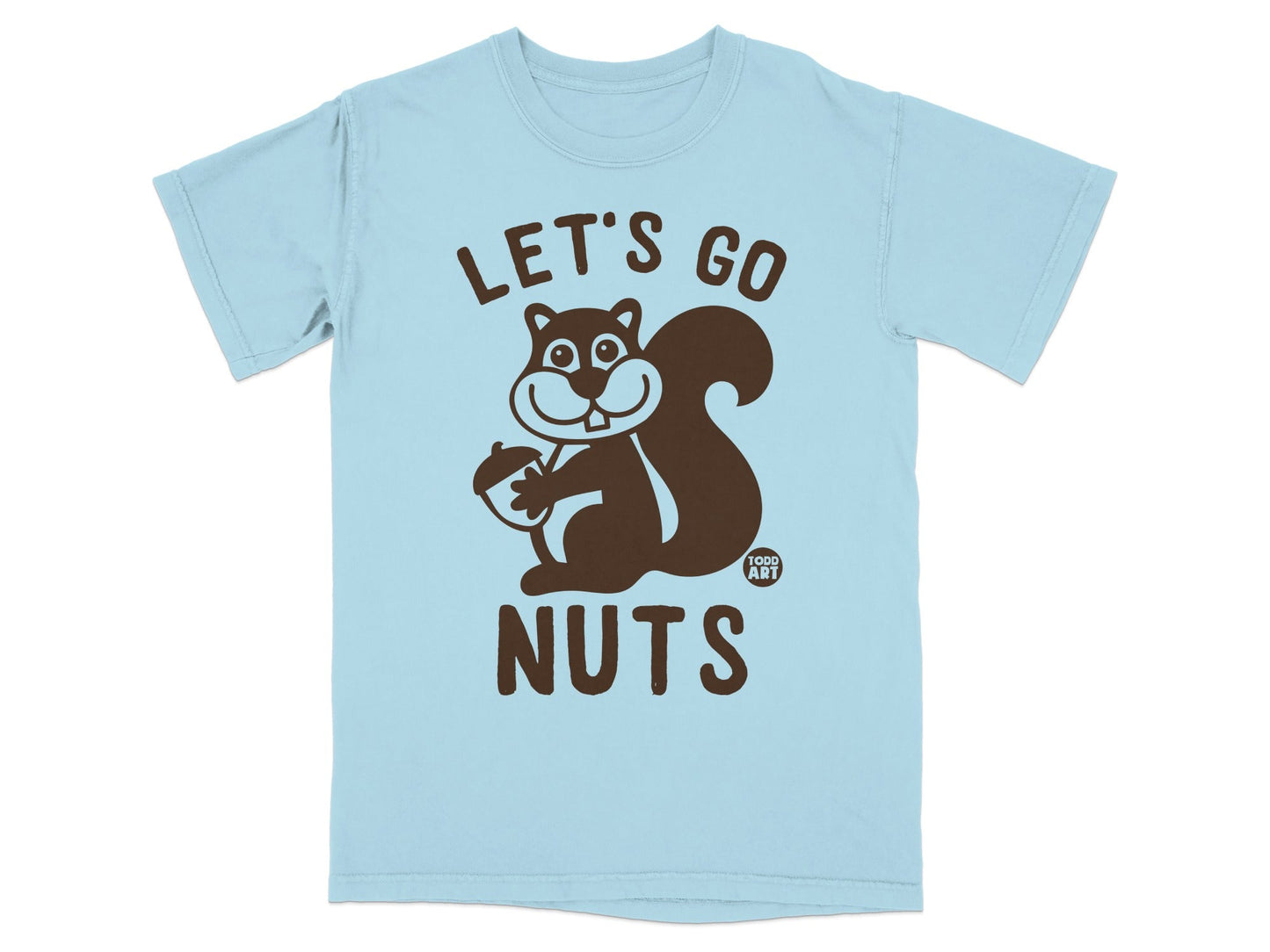 Light blue t-shirt with brown squirrel and text "LET'S GO NUTS".