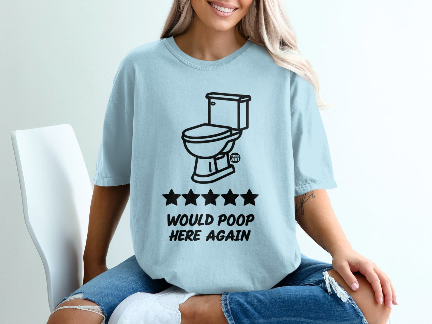Light blue t-shirt with toilet graphic and "Would poop here again" text.