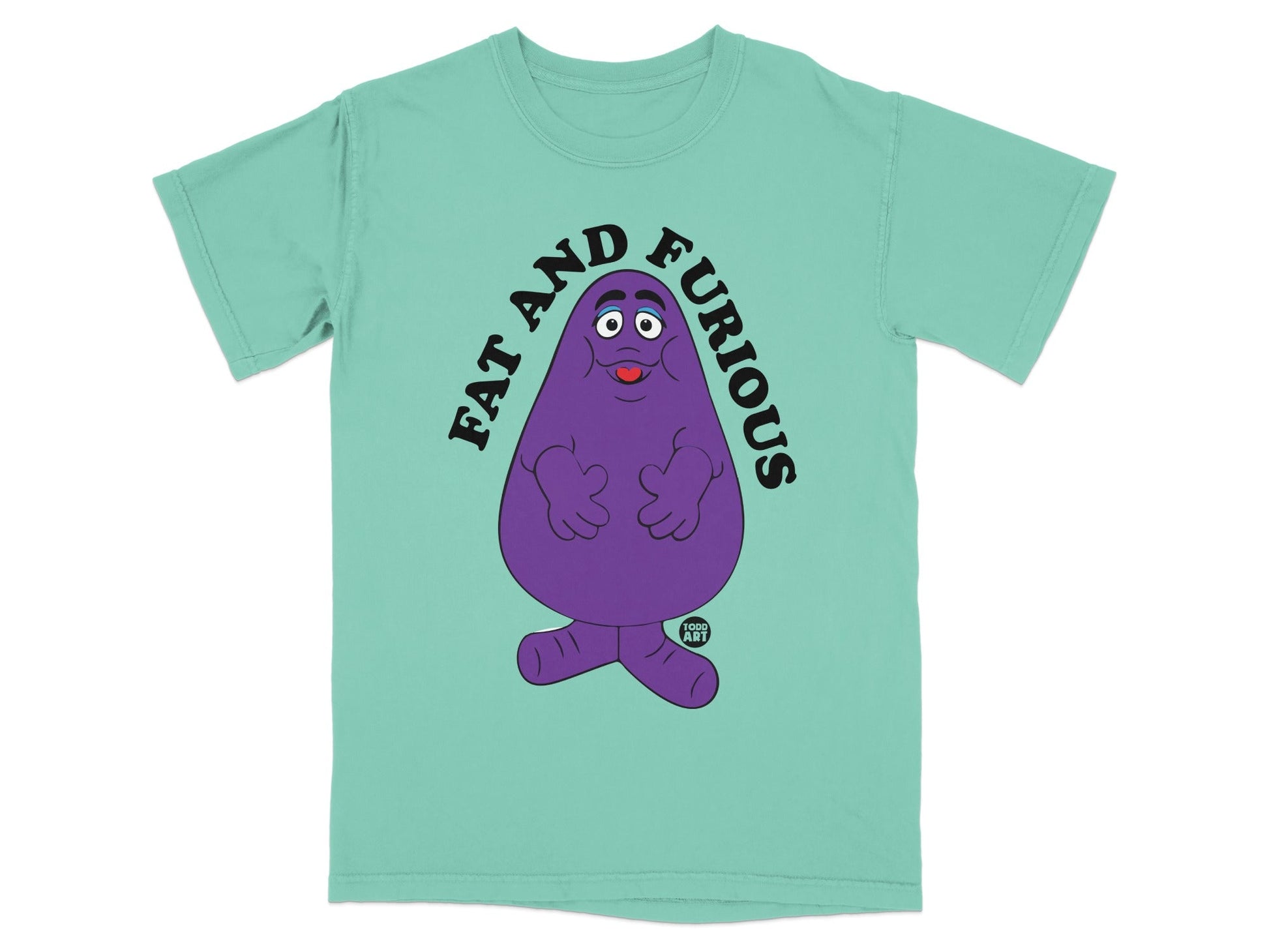 Teal t-shirt with Grimace mascot and "FAT AND FURIOUS" text.