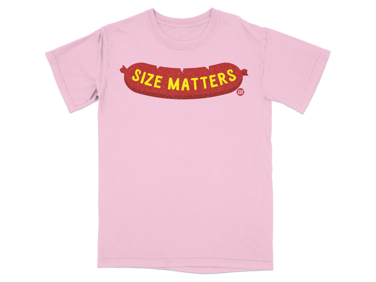 Pink t-shirt with "SIZE MATTERS" text in a sausage shape.