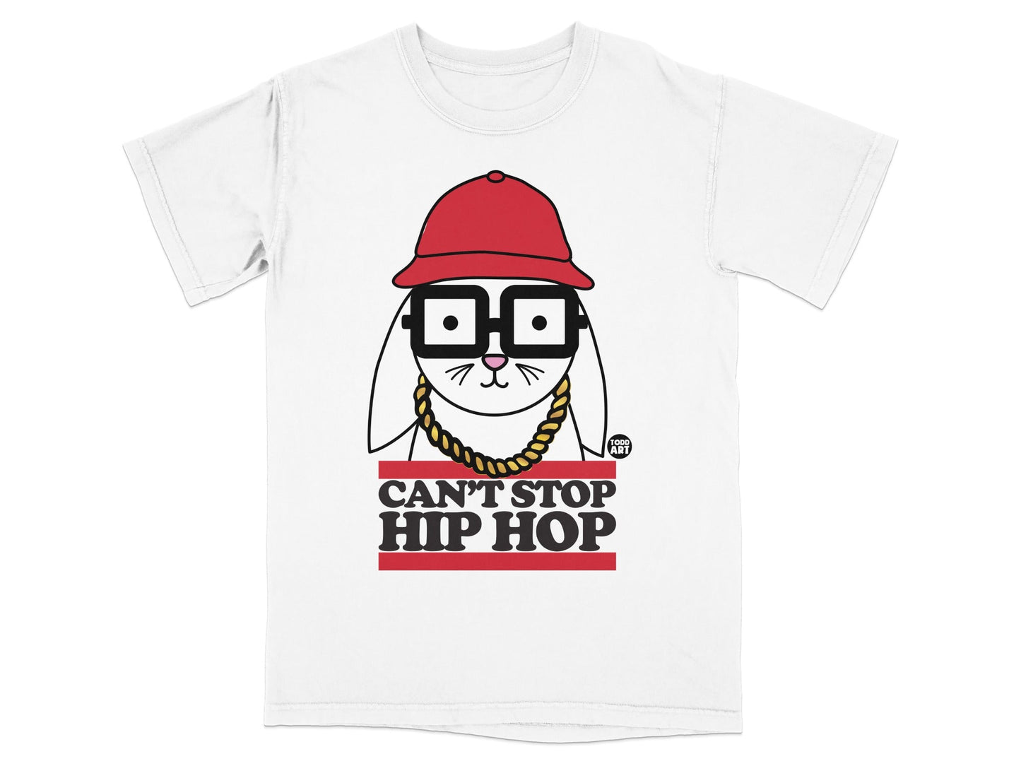 White t-shirt with cartoon rabbit wearing glasses, red hat, and gold chain, text CAN'T STOP HIP HOP.