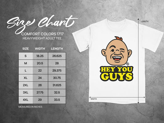 Comfort Colors 1717 heavyweight adult tee size chart with cartoon character and measurements.
