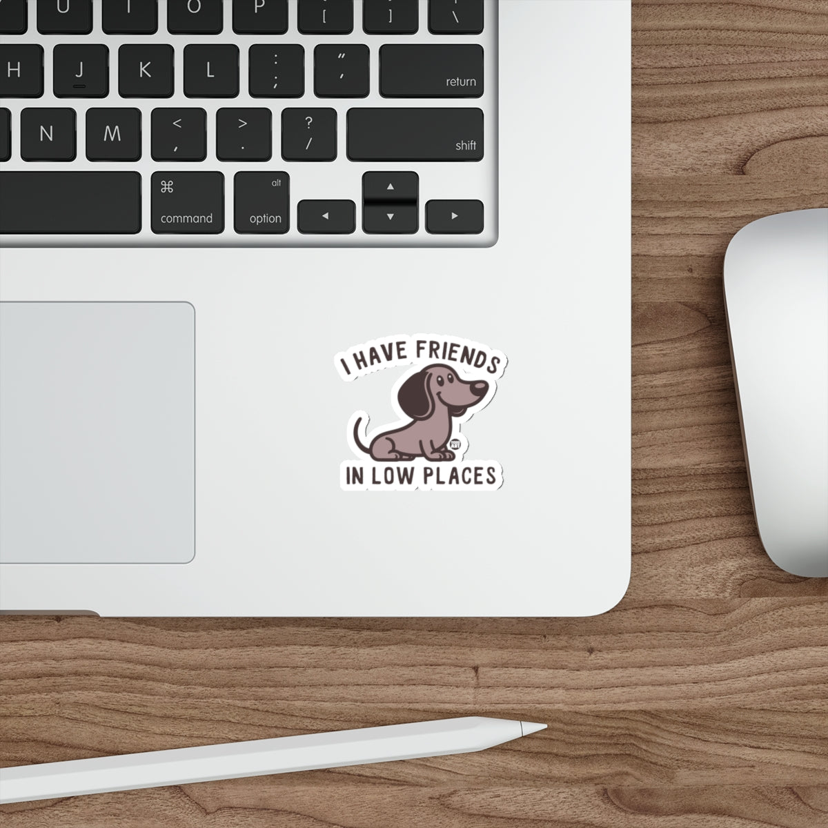 Sticker with dachshund and text "I HAVE FRIENDS IN LOW PLACES".