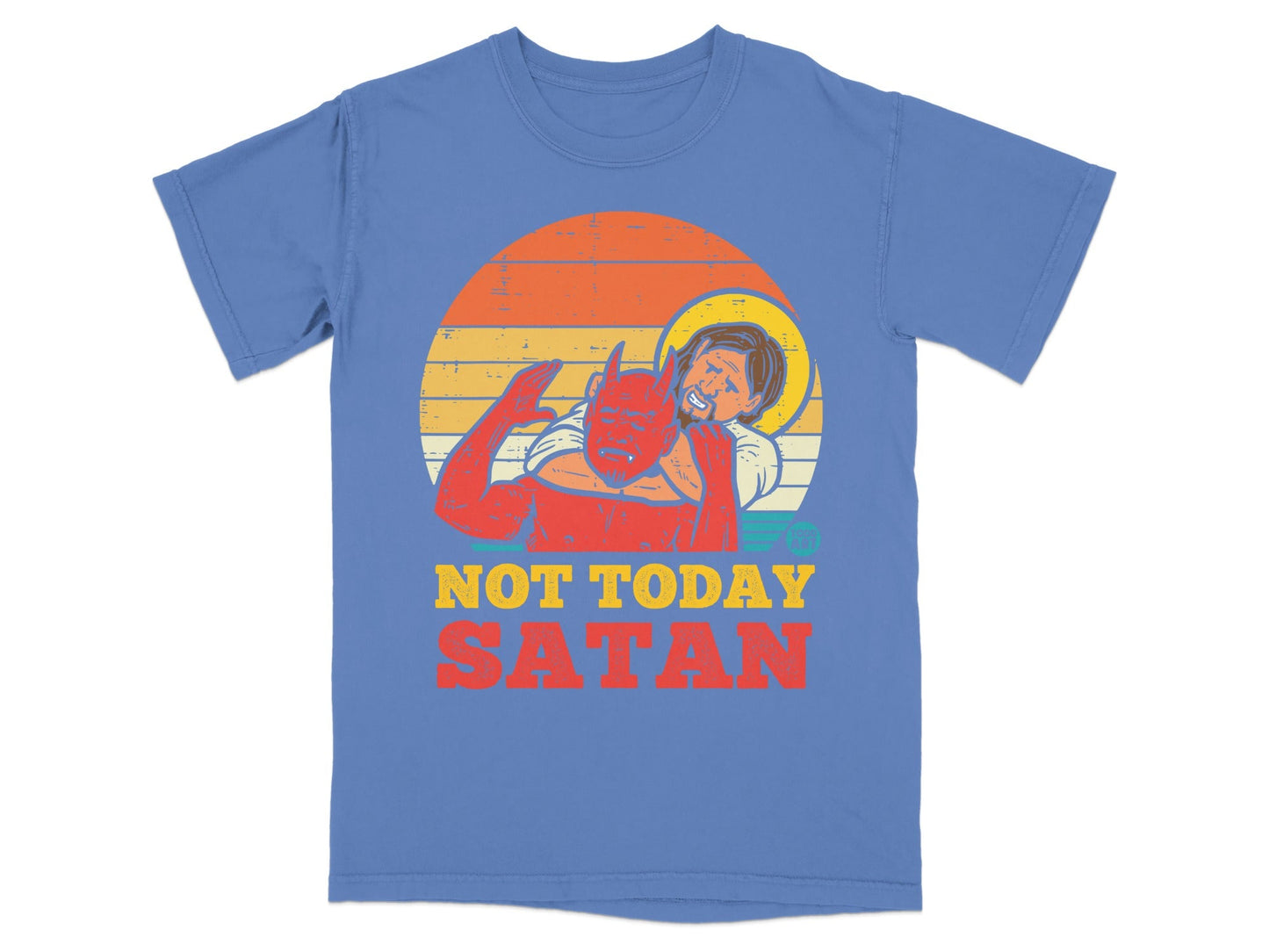Blue t-shirt with graphic of a devil holding a person, text "NOT TODAY SATAN".