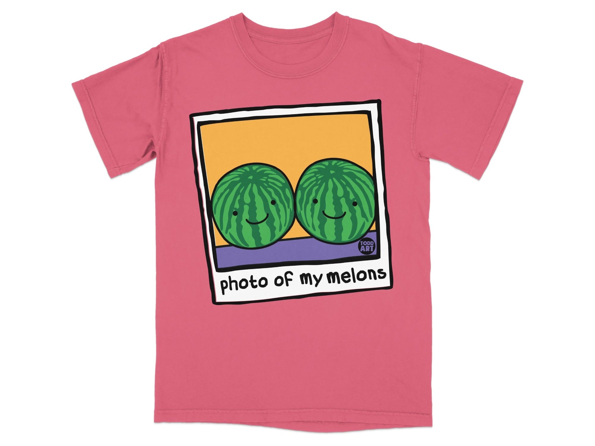 Two smiling cartoon watermelons inside a polaroid frame on a pink t-shirt.
