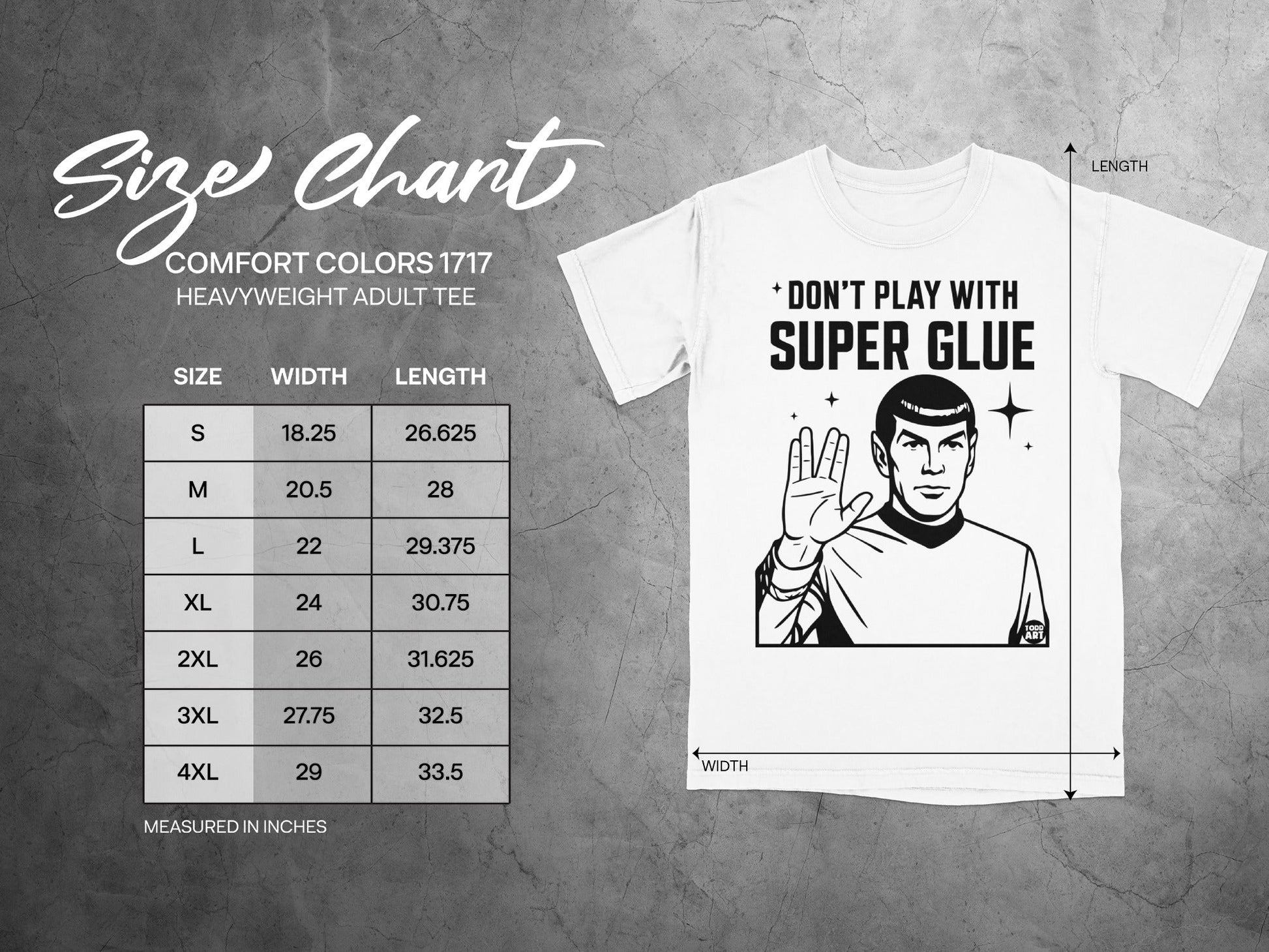 Size chart for heavyweight adult tee with "Don't Play With Super Glue" graphic.