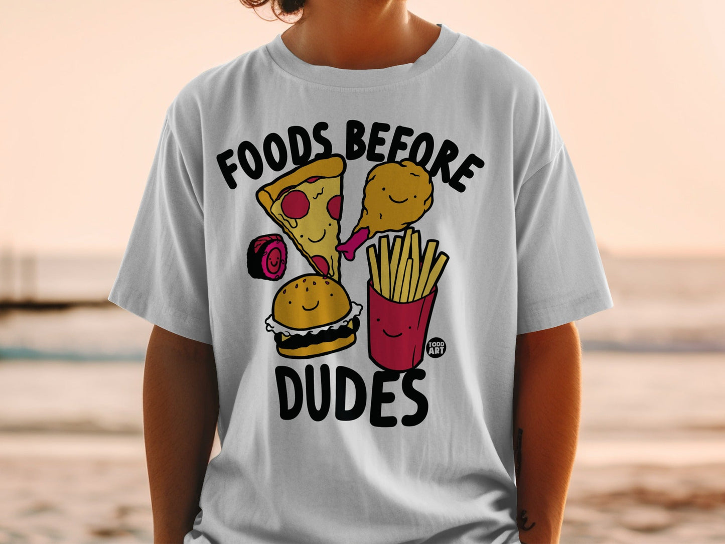 T-shirt with cartoon pizza, burger, sushi, fried chicken, and fries.