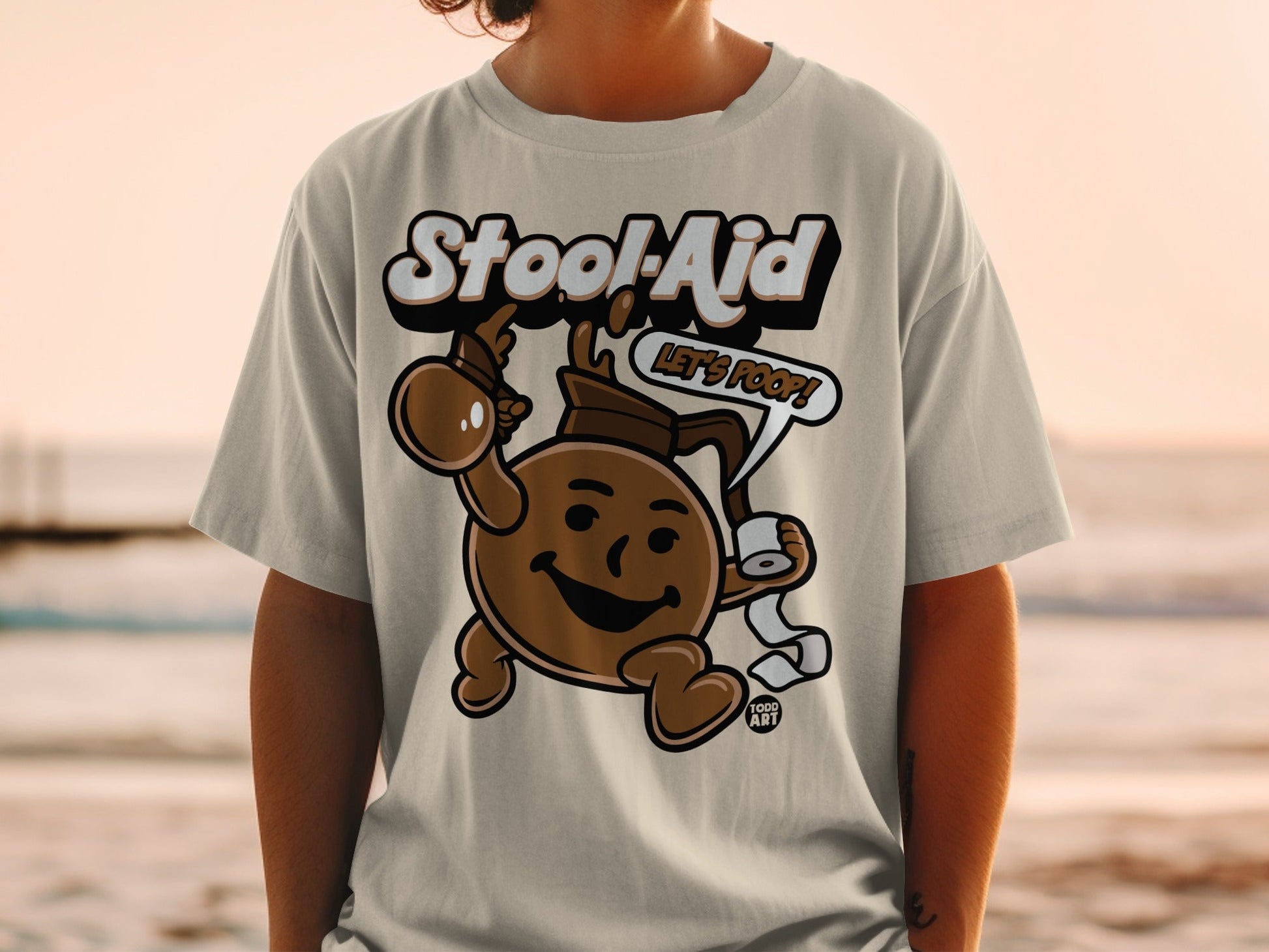 Stool-Aid "Let's Poop!" graphic t-shirt with a cartoon character.