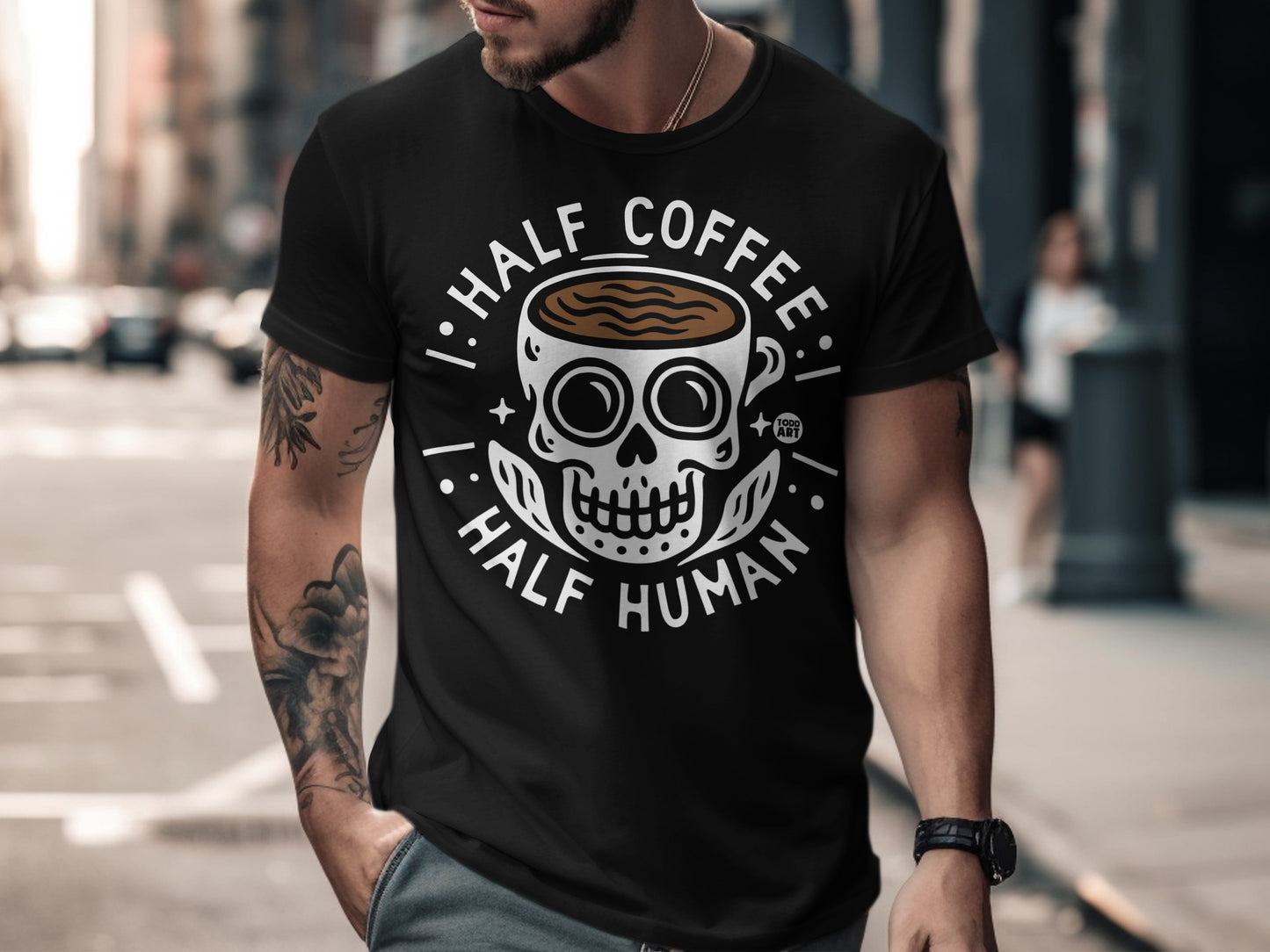 Half Coffee Half Human Skull Graphic T-Shirt for Men