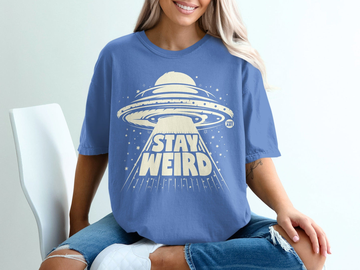 Stay Weird UFO Graphic Oversized Blue T-Shirt