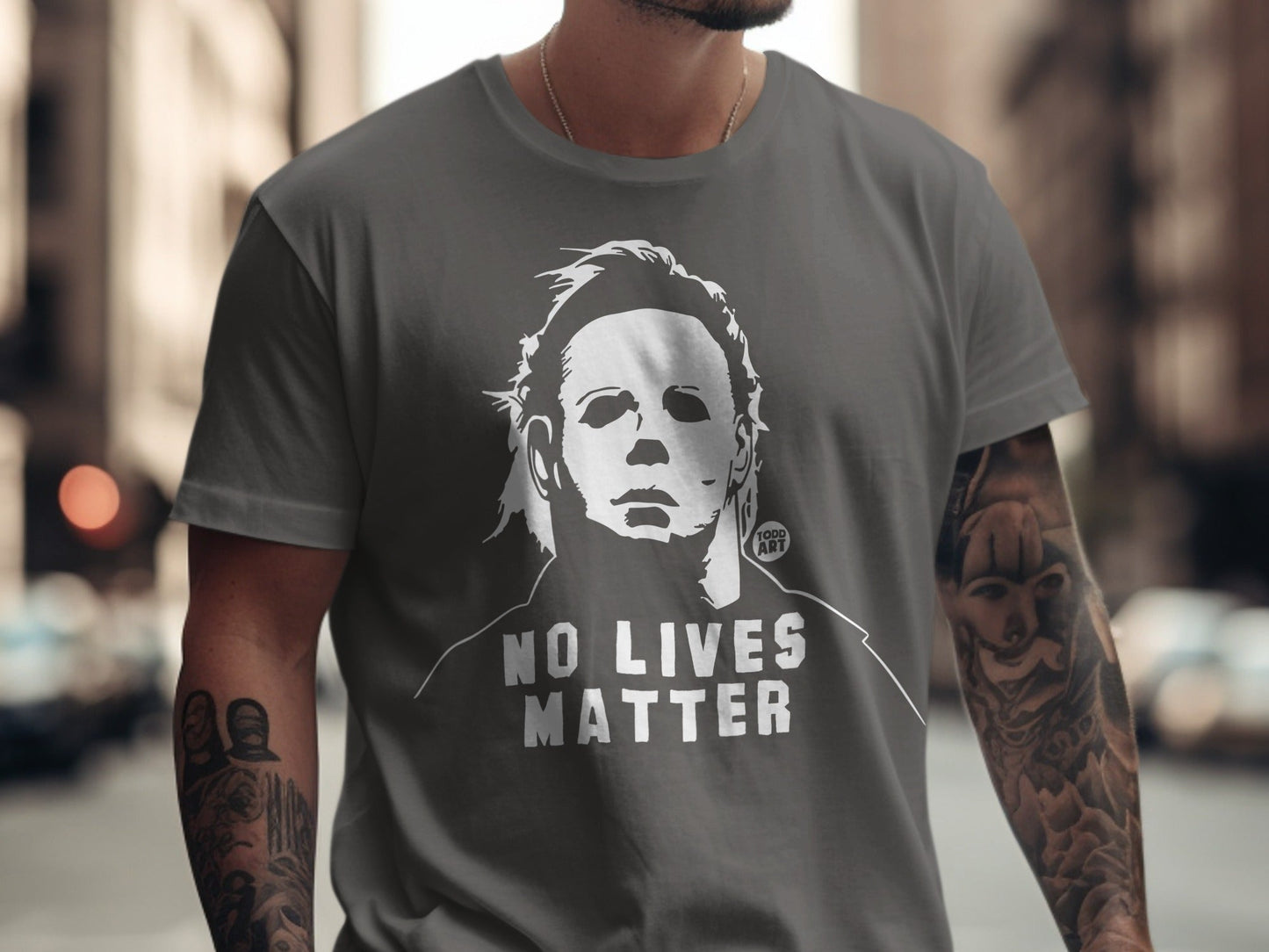 Grey t-shirt with Michael Myers graphic and "NO LIVES MATTER" text.