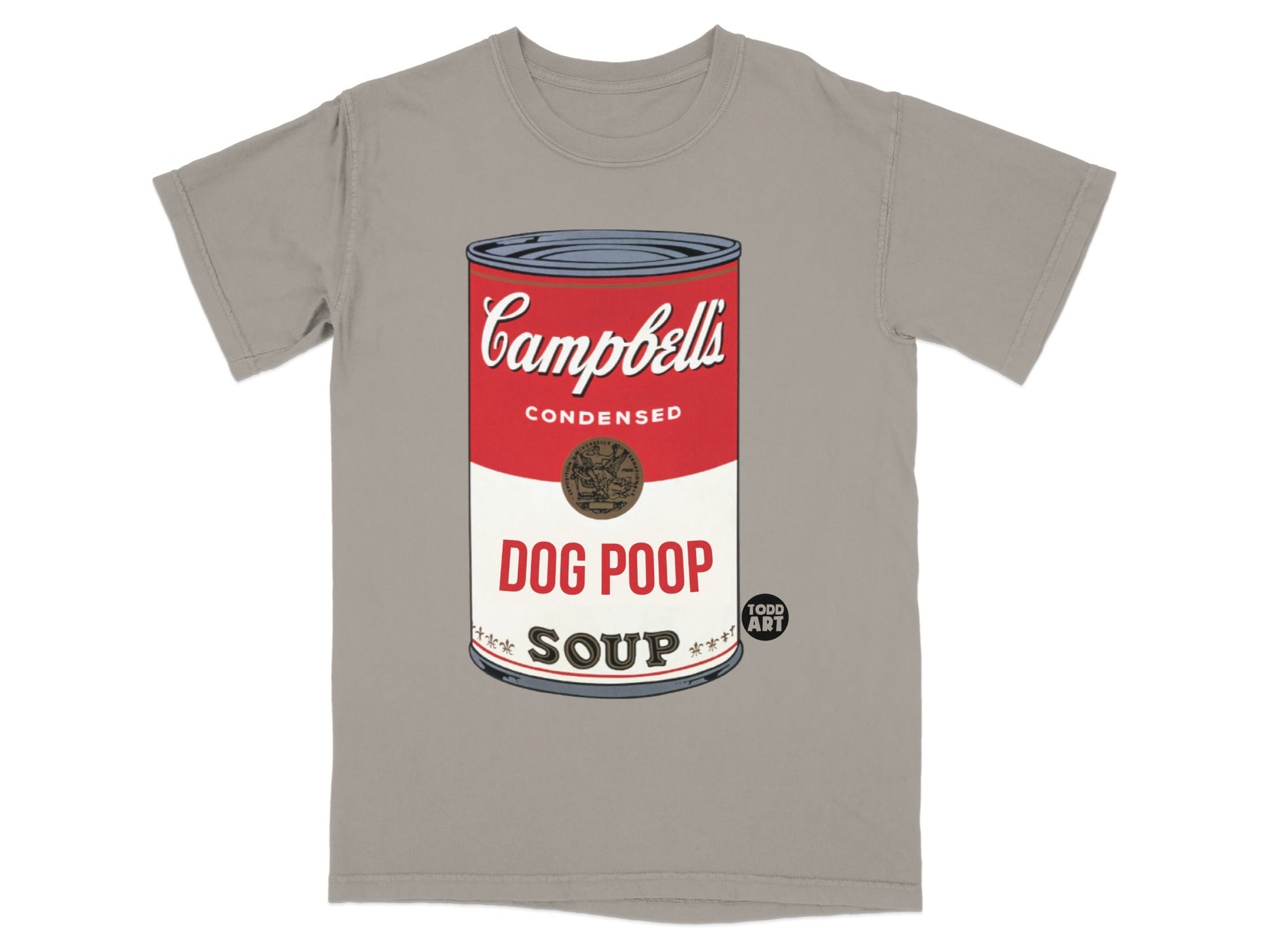 Campbell's Condensed Soup can graphic on a gray t-shirt.