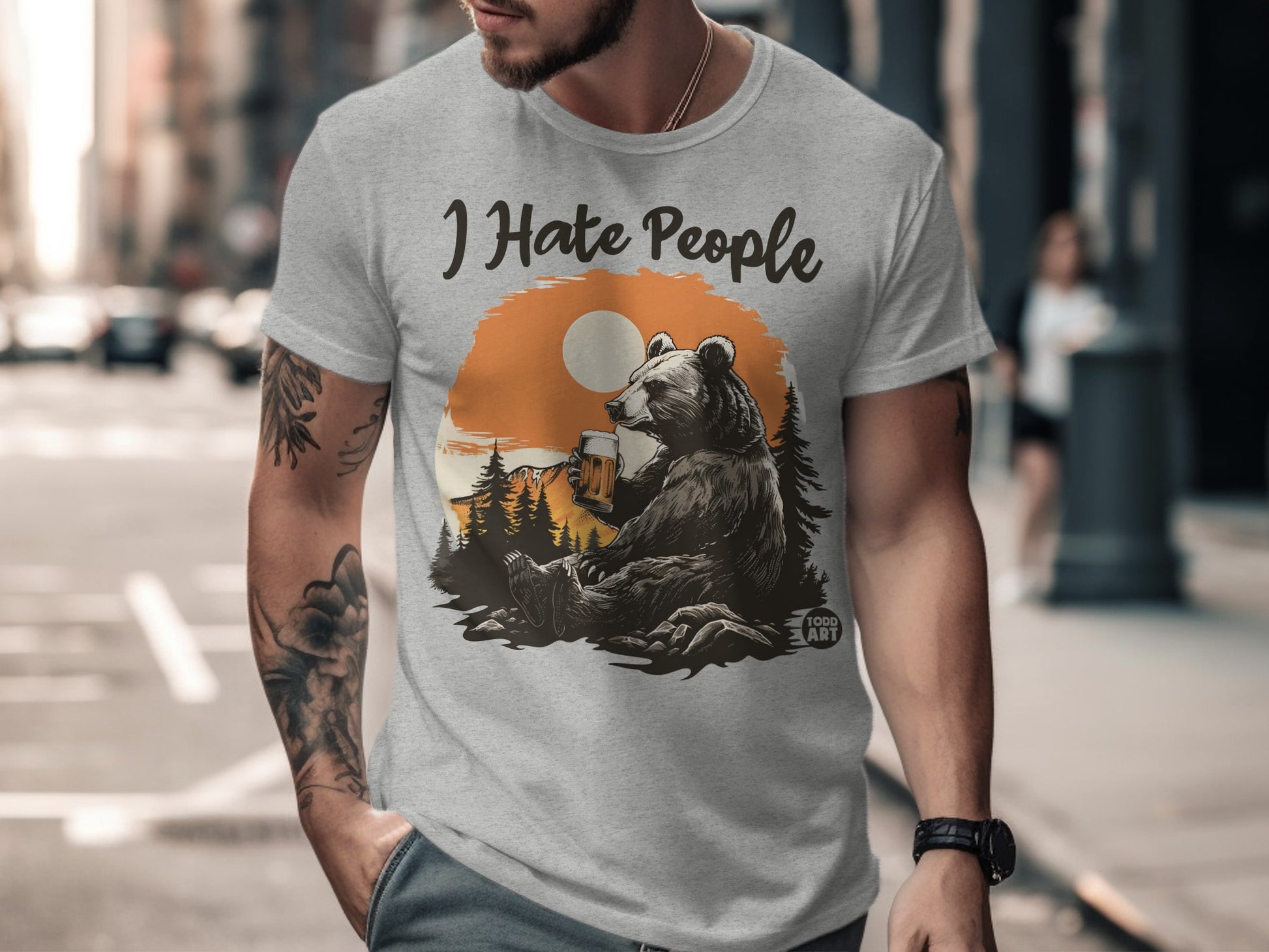 I Hate People Bear Drinking Beer Funny T-Shirt