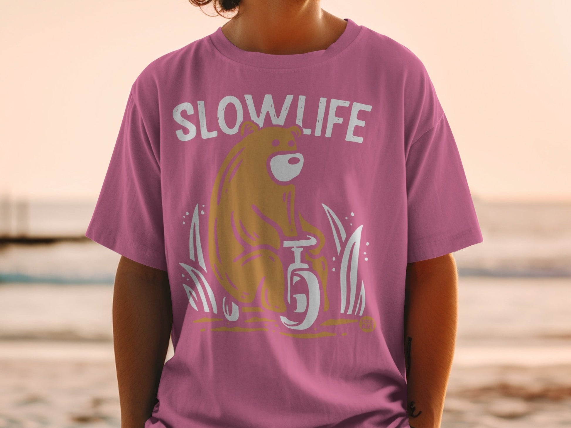 Slowlife Bear on Bicycle Graphic T-Shirt for Casual Wear