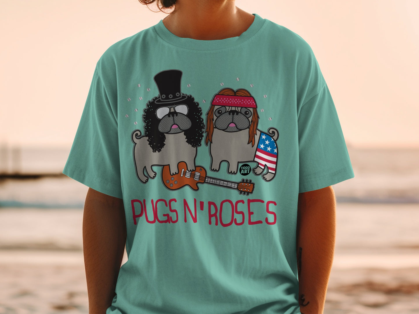 Pugs N' Roses Funny Graphic Printed T-Shirt