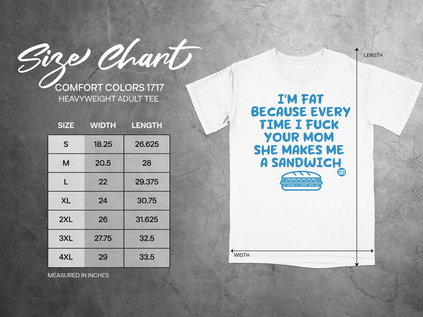 Size chart for Comfort Colors 1717 heavyweight adult tee, showing width and length in inches.
