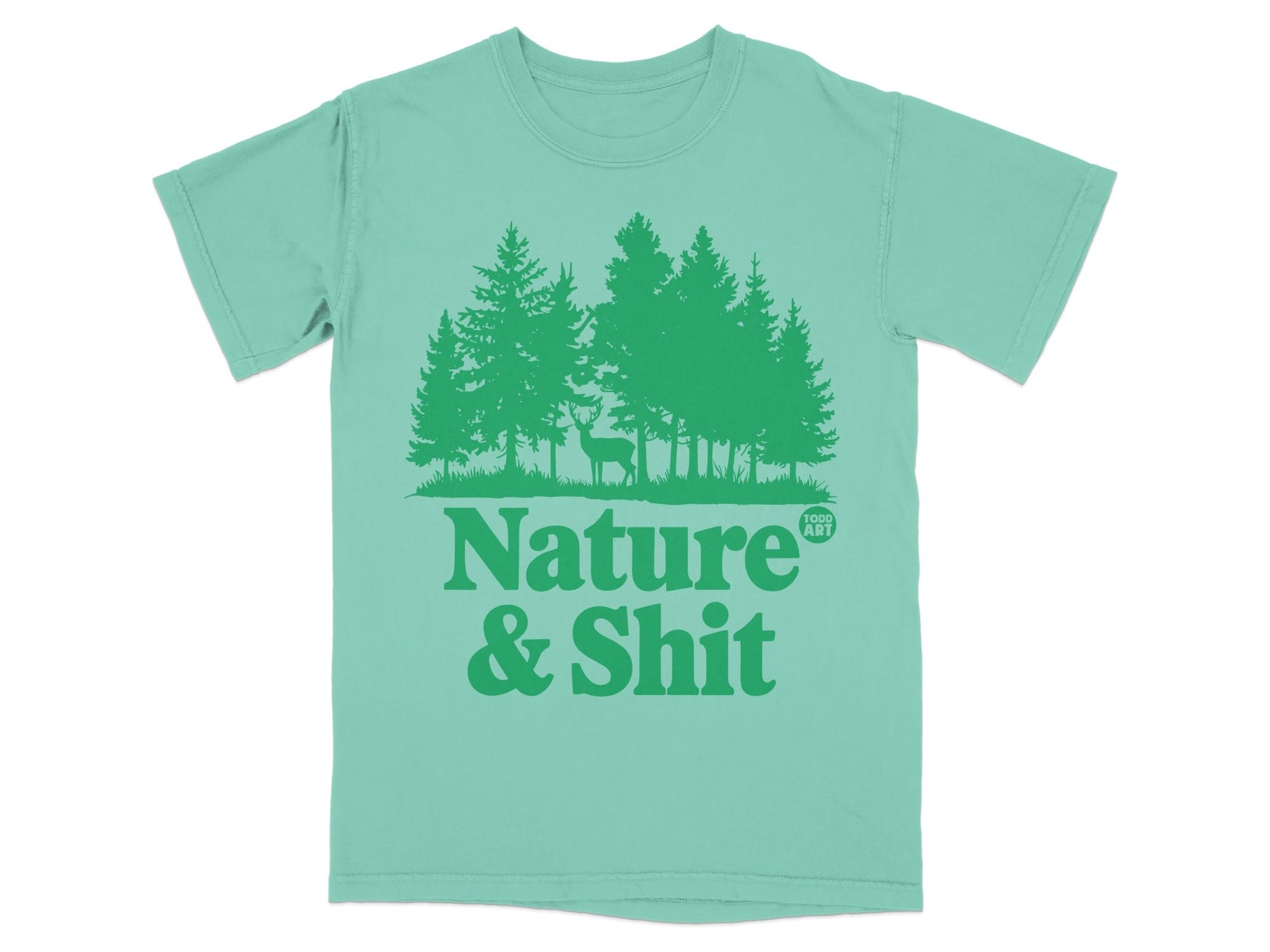 Teal t-shirt with green graphic of deer in forest and "Nature & Shit" text.