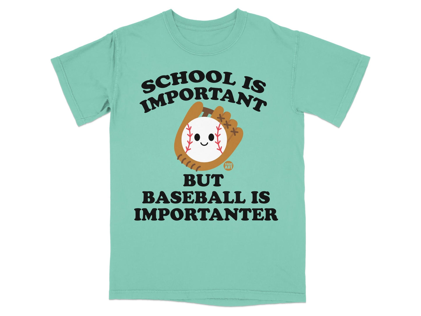 Green t-shirt with "School is Important But Baseball is Importanter" text and baseball graphic.