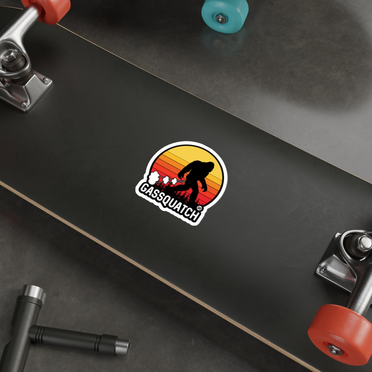 Gassquatch Sticker with Silhouette and Sunset Scene