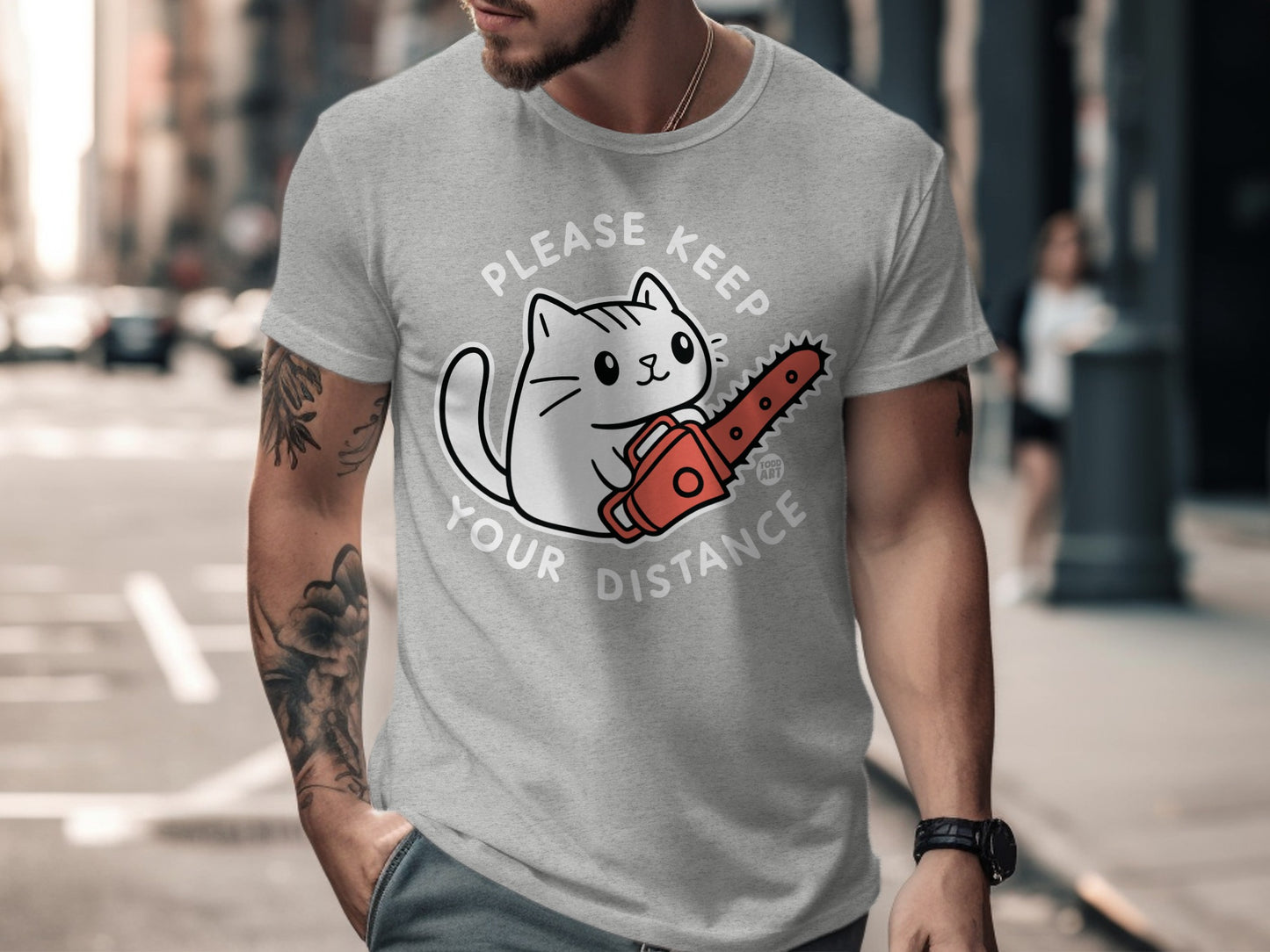 Please Keep Your Distance Cat with Chainsaw T-Shirt
