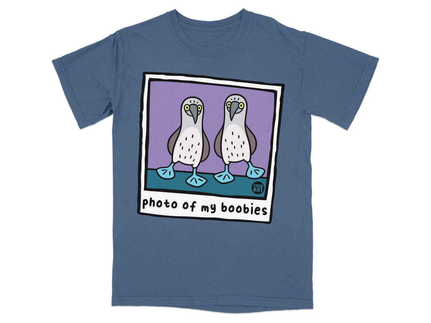 T-shirt with a cartoon illustration of two blue-footed booby birds.
