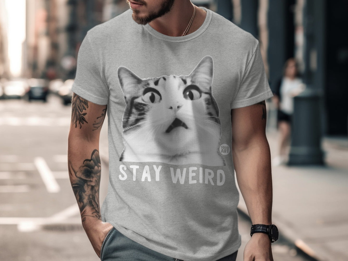 Stay Weird Cat Graphic Tee Shirt Design for Adults
