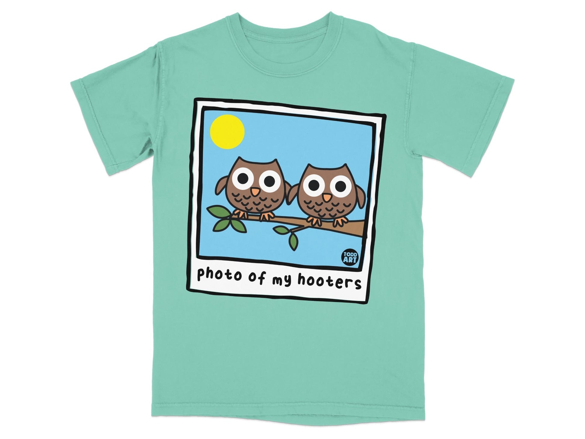 Two cartoon owls on a branch with a sun and text "photo of my hooters".
