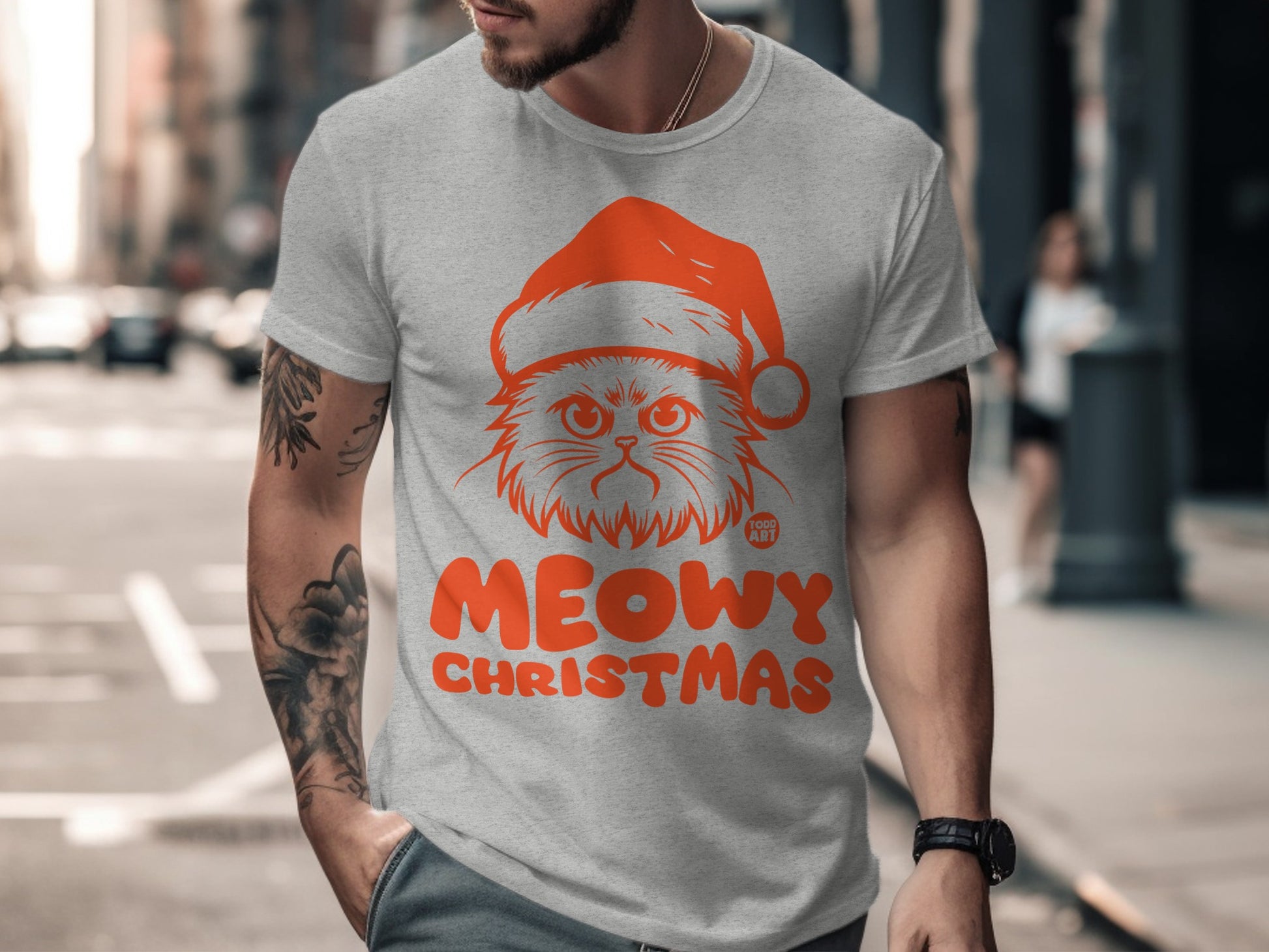 Meowy Christmas Cat With Santa Hat T-shirt