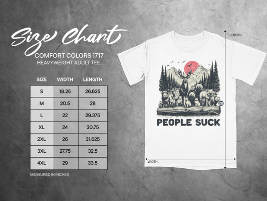Comfort Colors 1717 size chart for heavyweight adult tees, measured in inches.
