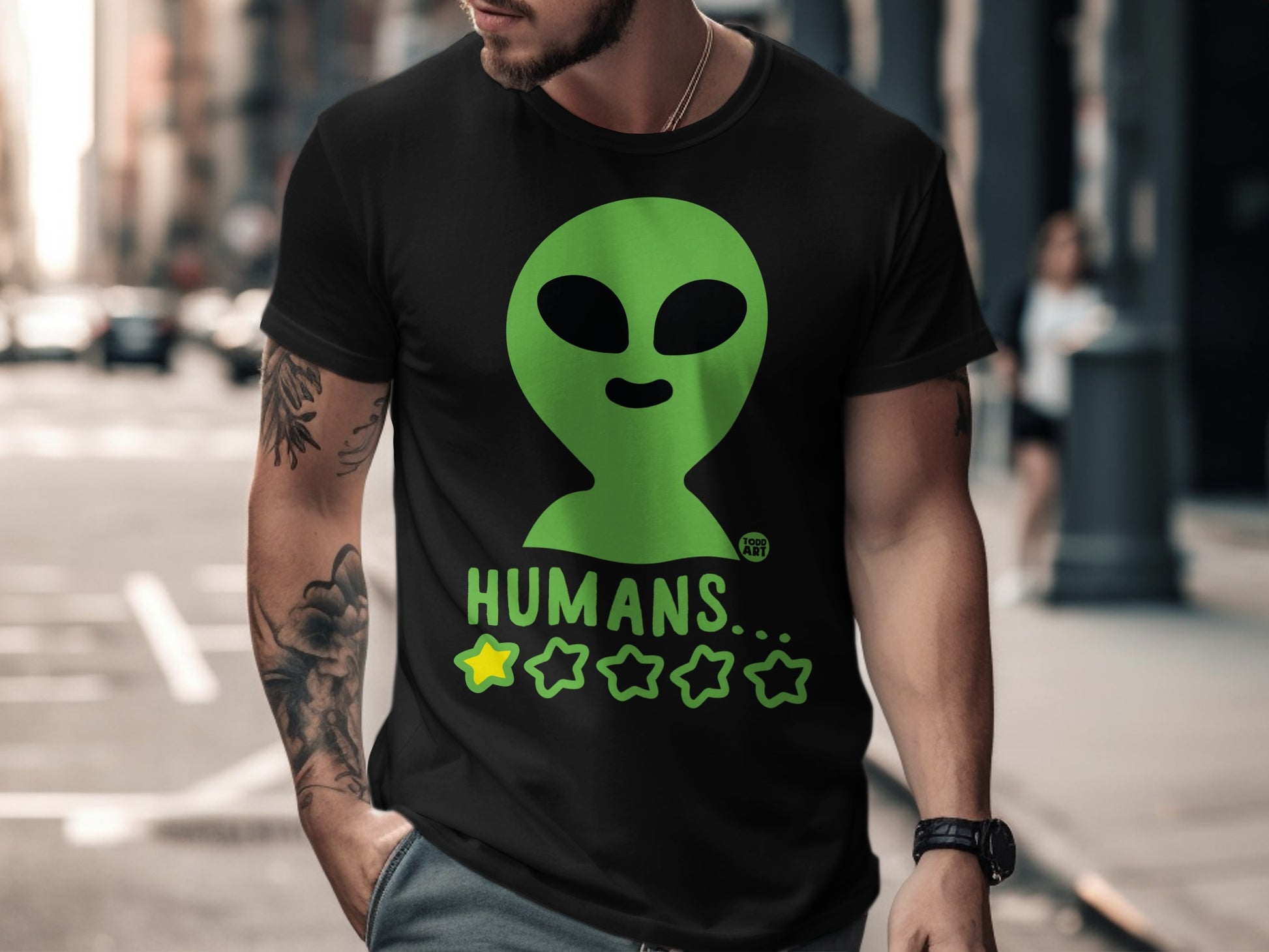 Alien Graphic with Humans Star Rating T-Shirt