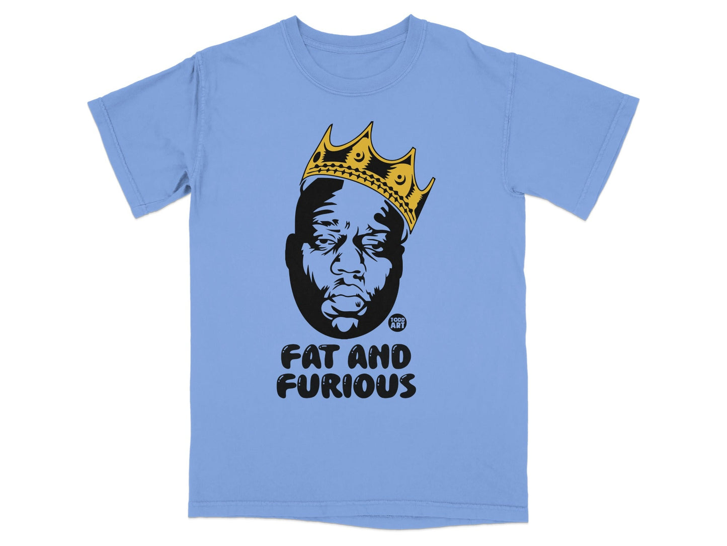 Light blue t-shirt with a black and gold crown on a man's head.