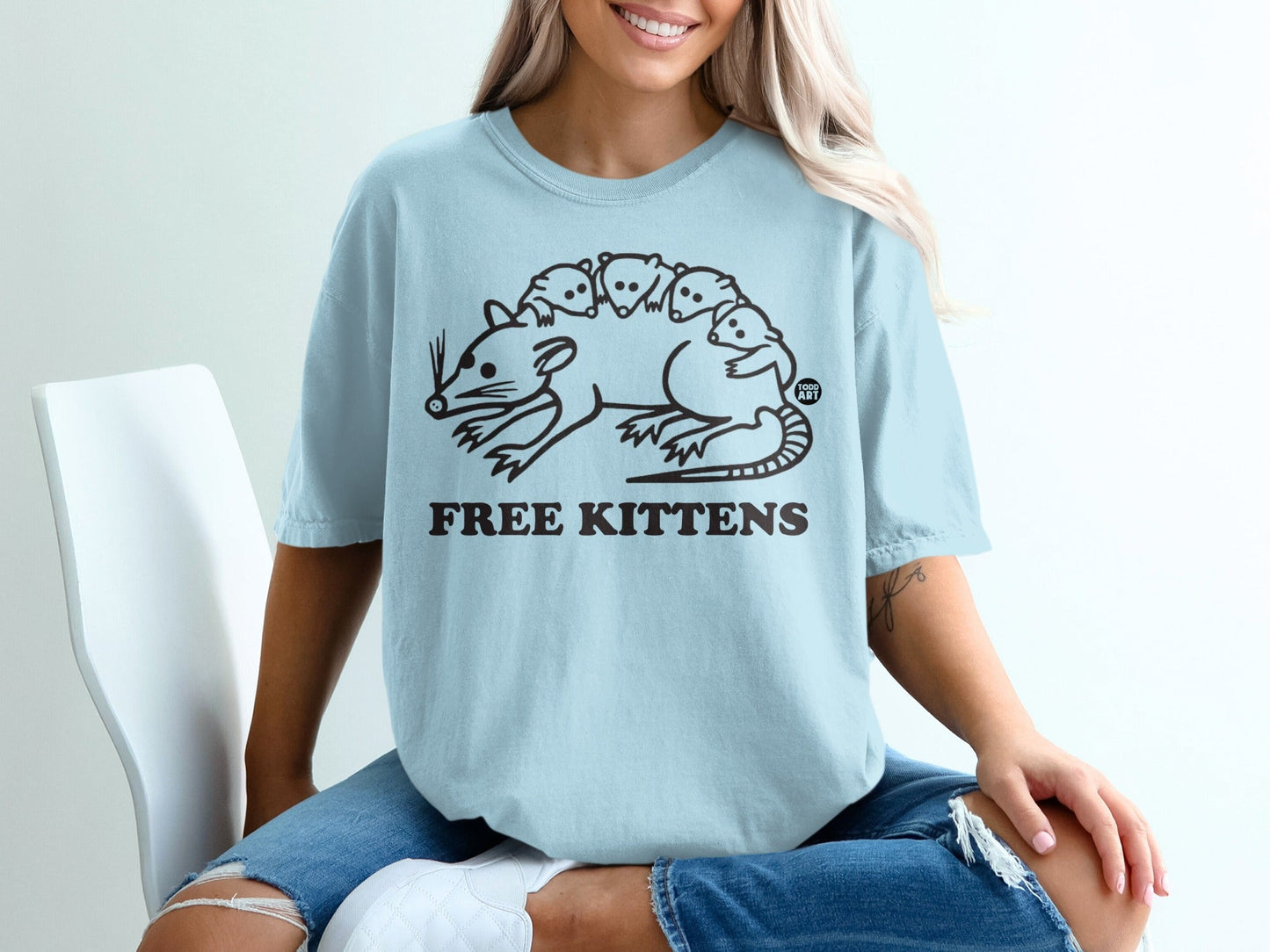 Light blue t-shirt with a cartoon raccoon carrying kittens and the text "FREE KITTENS".