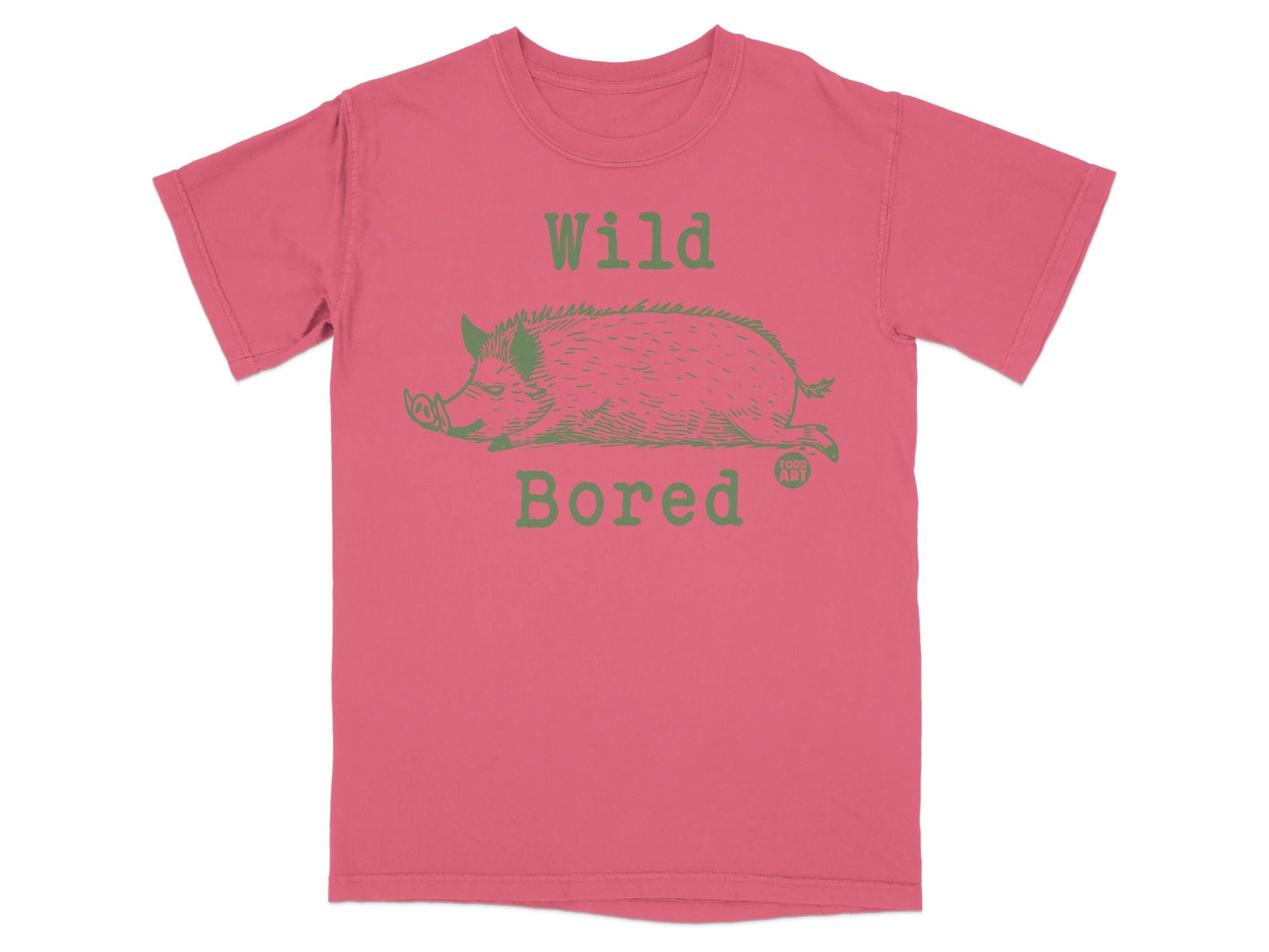 T-shirt with a green wild boar graphic and "Wild Bored" text.