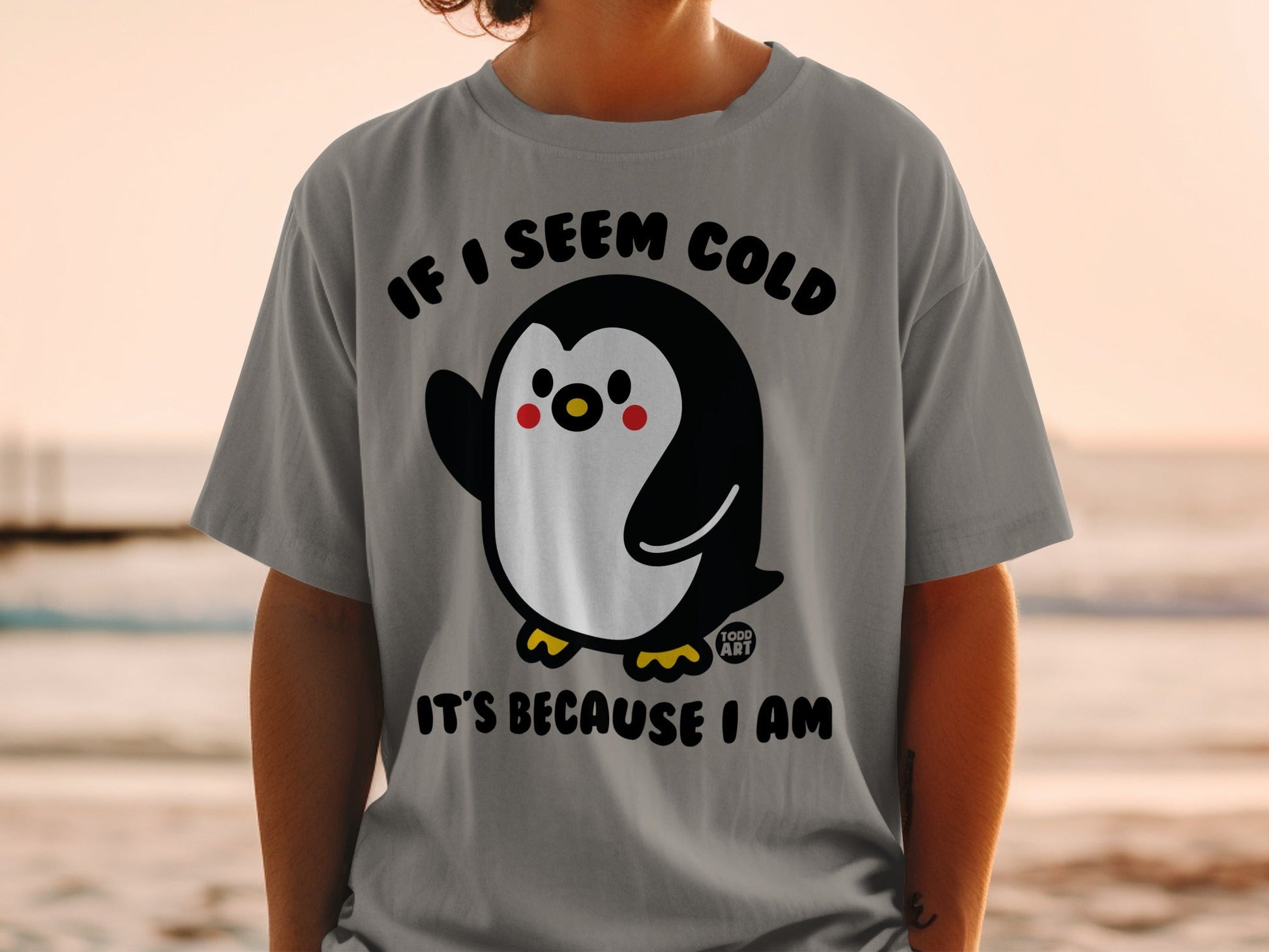 Gray t-shirt with a cartoon penguin saying "IF I SEEM COLD IT'S BECAUSE I AM".