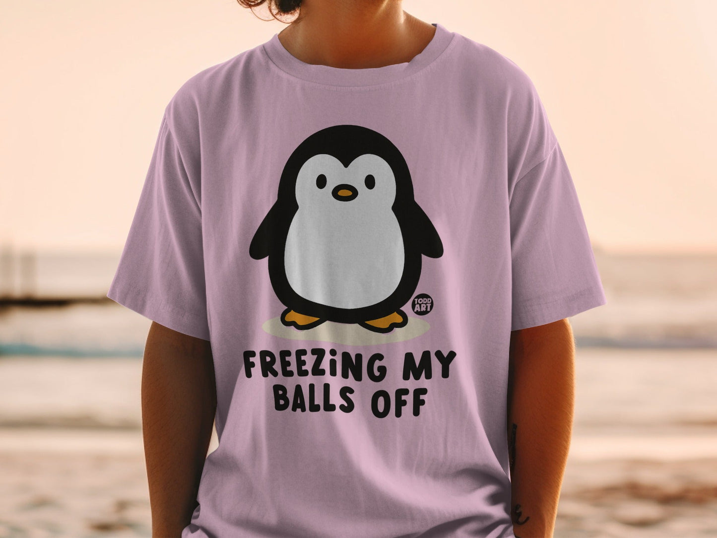 Cute Penguin Freezing My Balls Off T-Shirt, Funny Winter Weather Humor Tee, Cold Chilly Day Graphic Top, Adult Sarcastic Apparel, Unique