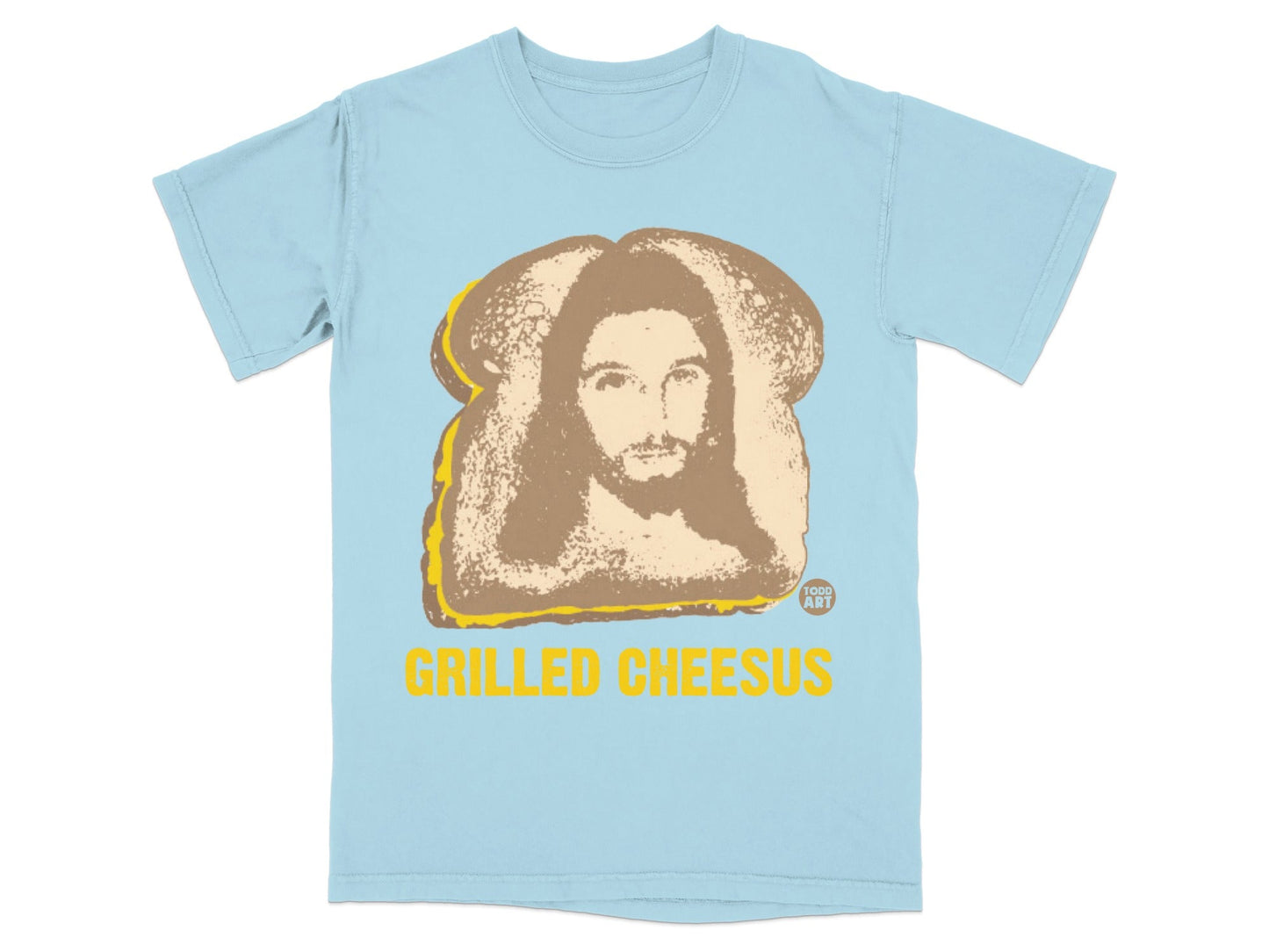 Light blue t-shirt with "Grilled Cheesus" text and a Jesus Christ portrait on toast.