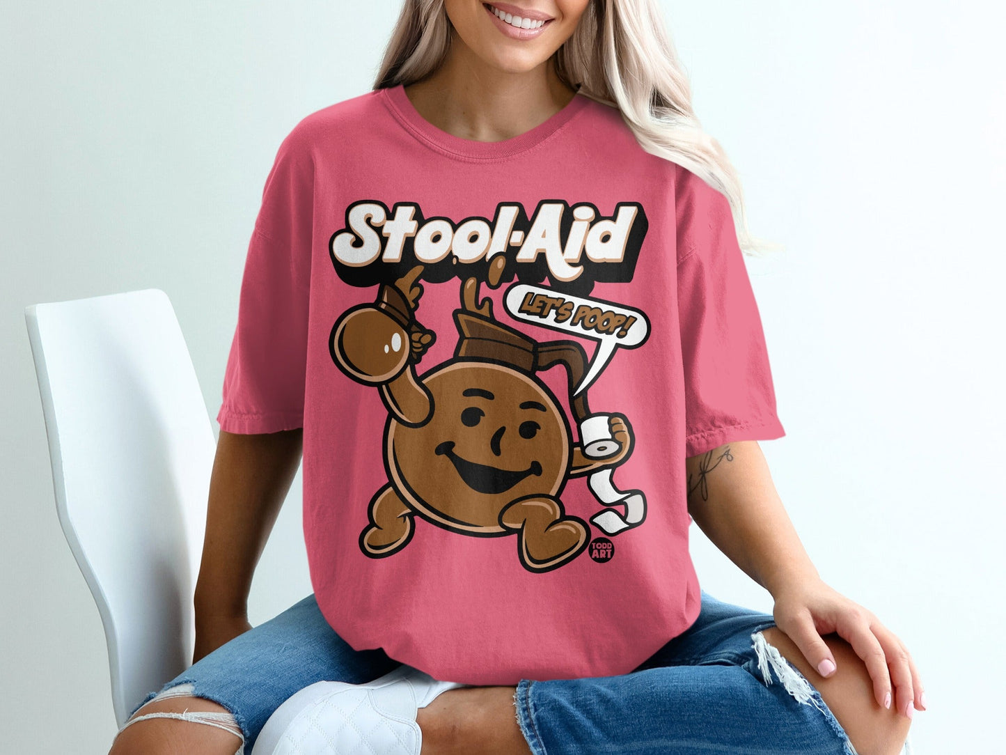 Stool-Aid cartoon character with toilet paper, saying "Let's Poop!".