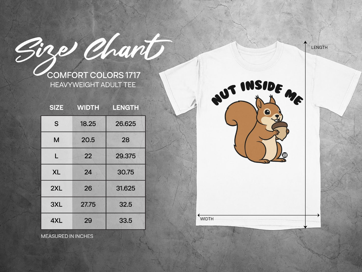 Comfort Colors 1717 heavyweight adult tee size chart with squirrel graphic.