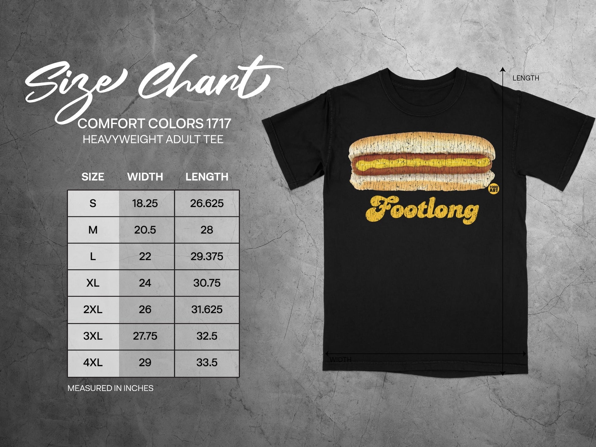 Footlong hot dog graphic tee size chart with measurements in inches.