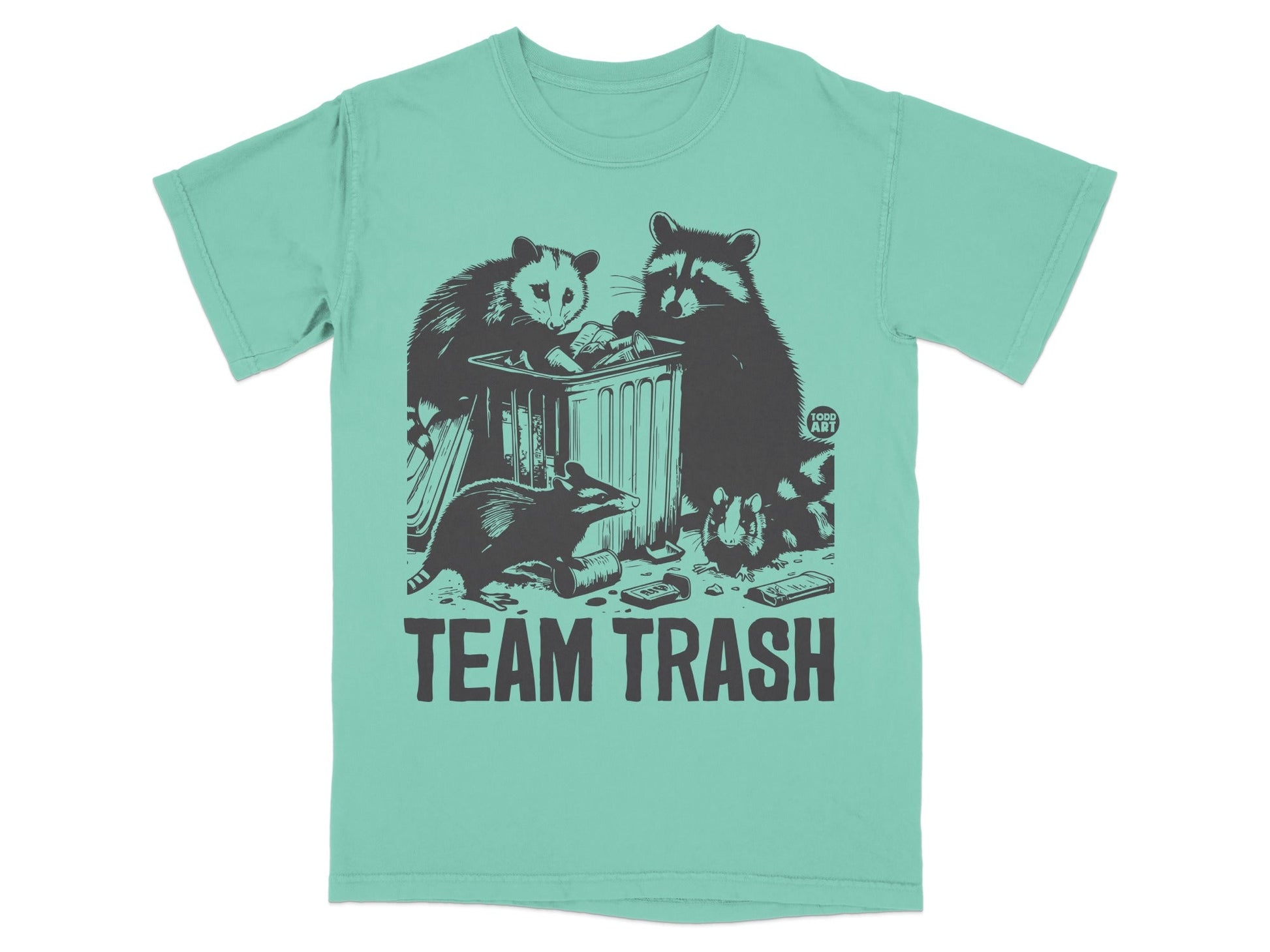 Opossum and raccoons on trash can with "TEAM TRASH" text.