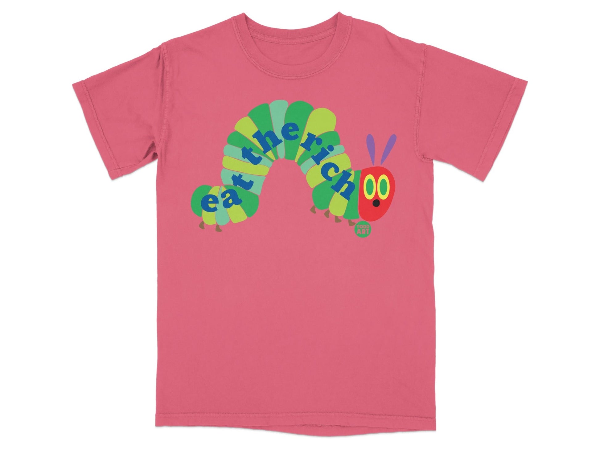 Coral t-shirt with "eat the rich" caterpillar graphic.