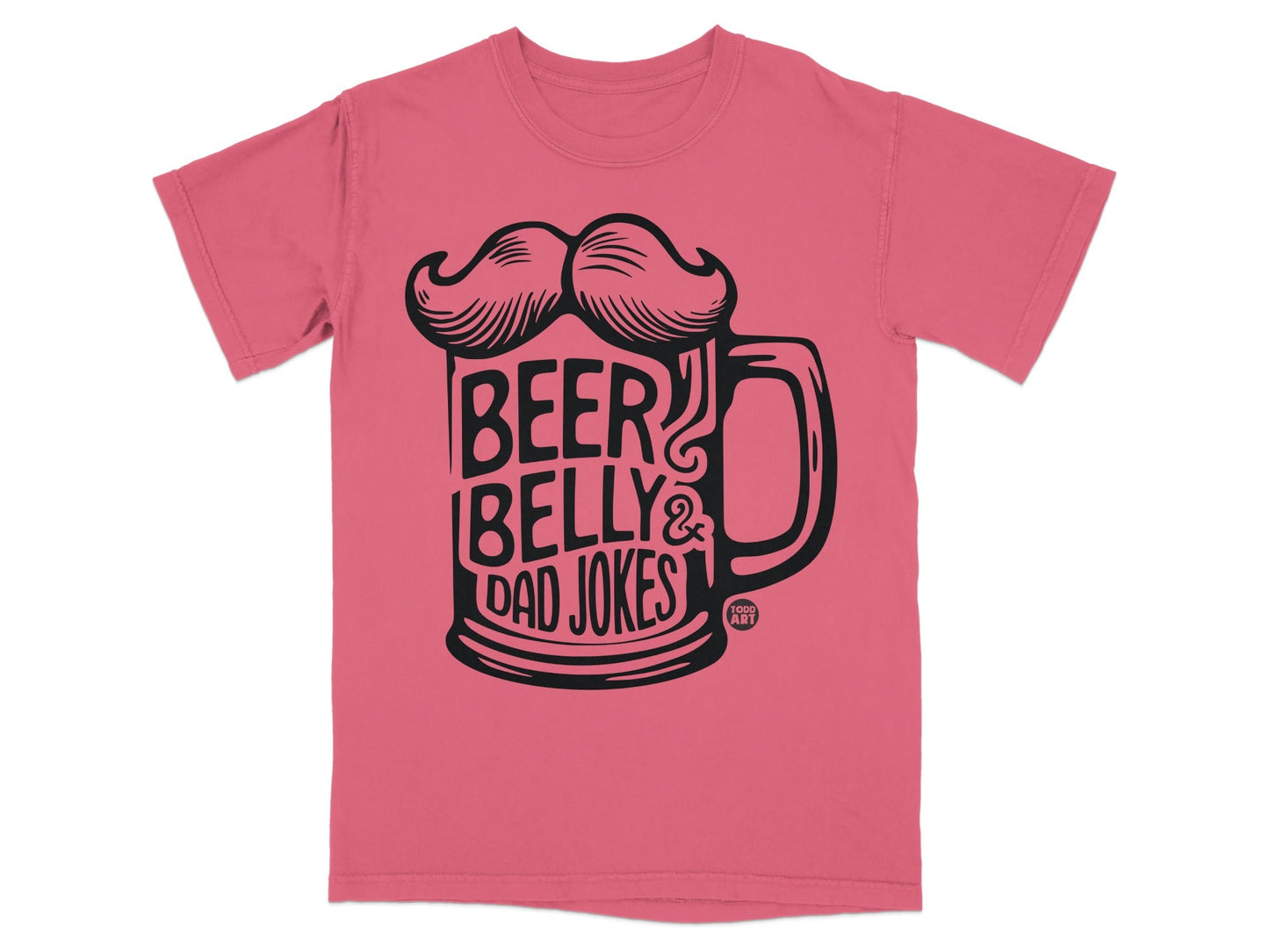 Pink t-shirt with black graphic of beer mug, mustache, and text "BEER BELLY & DAD JOKES".