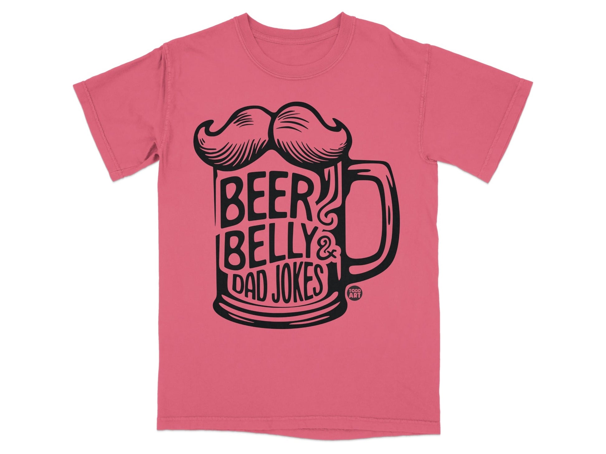 Pink t-shirt with black graphic of beer mug, mustache, and text "BEER BELLY & DAD JOKES".