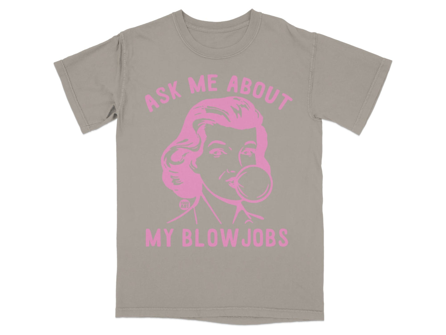 Grey t-shirt with pink graphic of a woman blowing bubble gum and text.