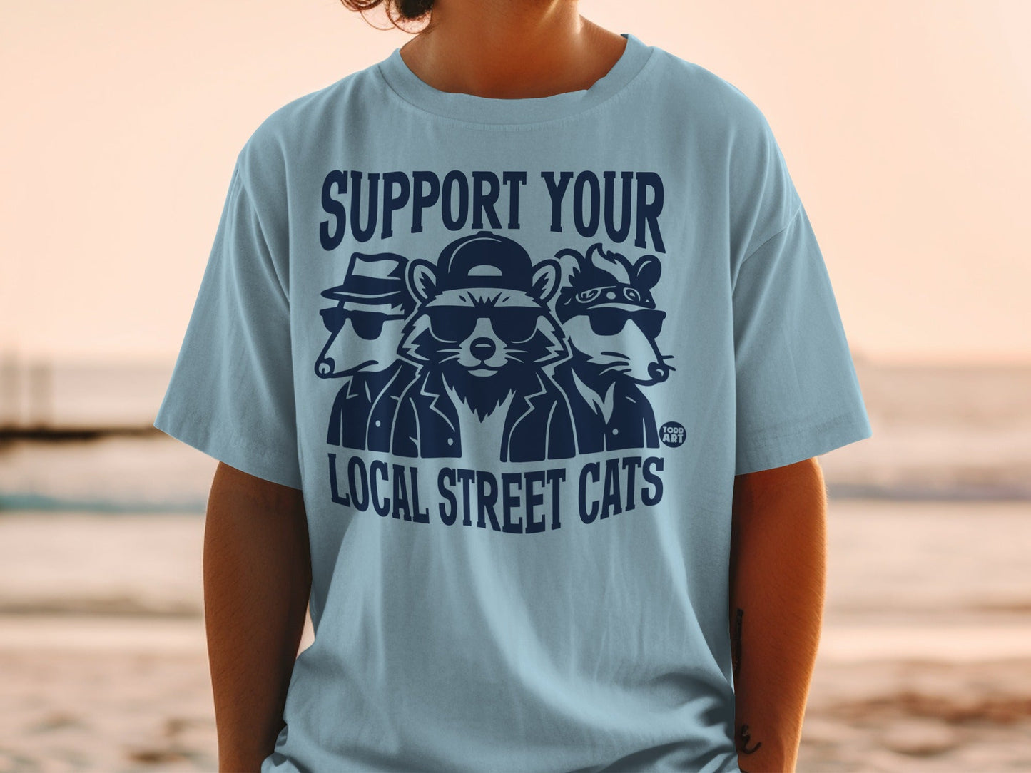 T-shirt graphic of three cartoon raccoons wearing sunglasses and hats.