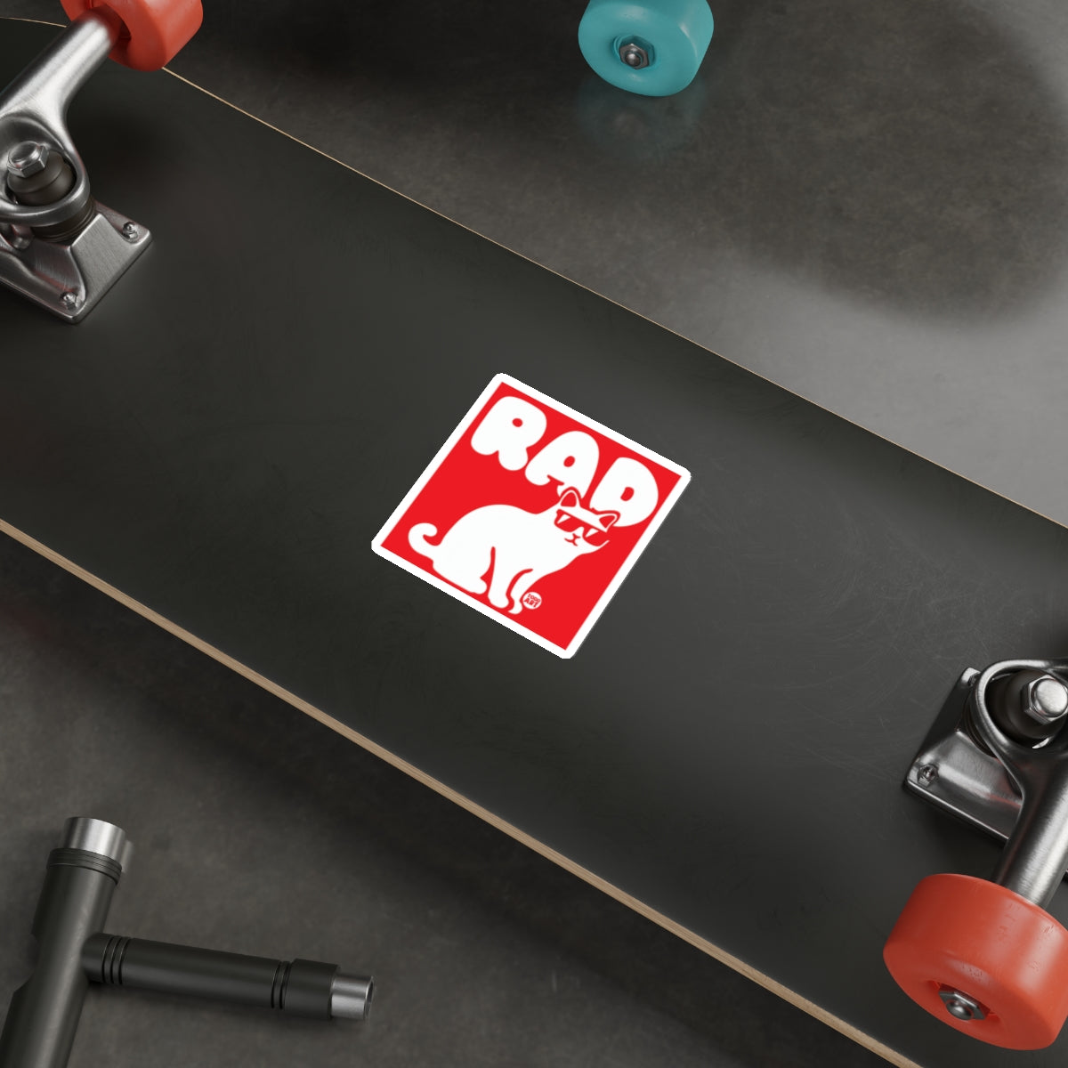 Rad Cat Sticker on Skateboard Deck for Skater Enthusiasts