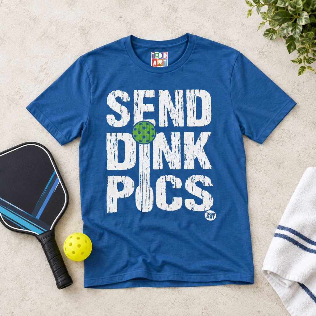 Flat lay Send Dink Pics tee with paddle