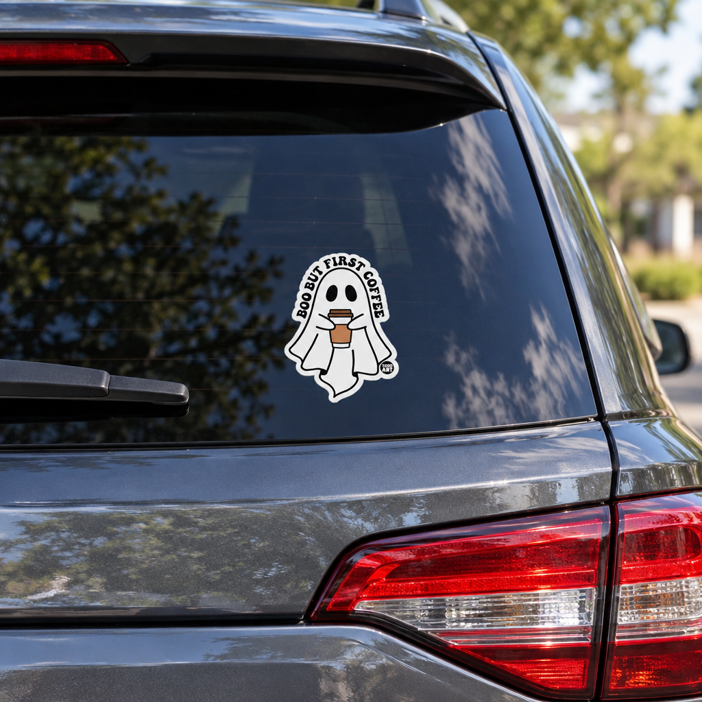 Boo But First Coffee ghost sticker on the back of an SUV