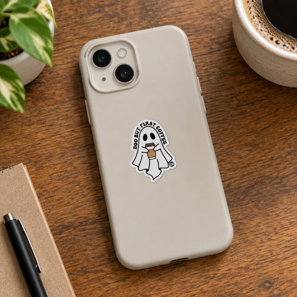 Boo But First Coffee ghost sticker on a phone case