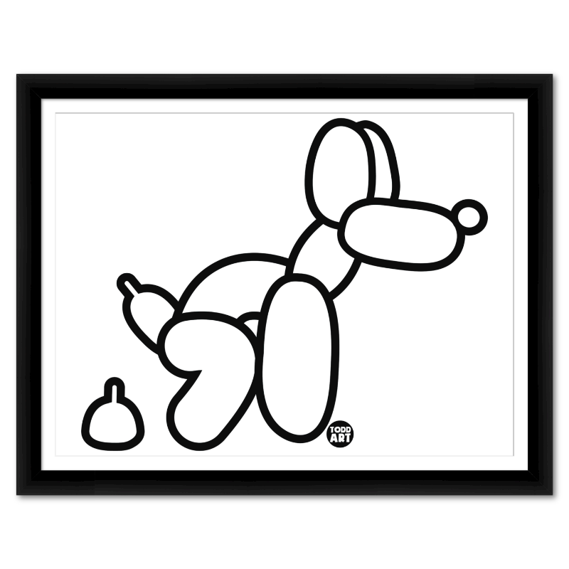 White Balloon Dog contemporary pop art print by Todd Goldman in black gallery frame